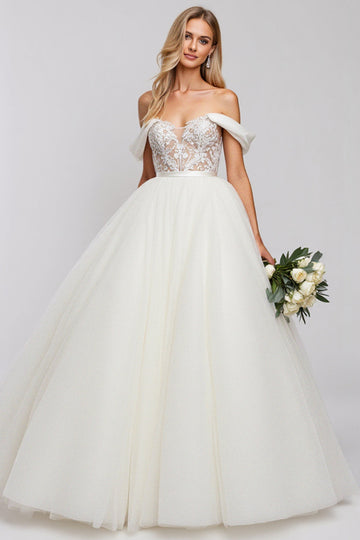 Ivory Off The Shoulder Lace Tulle Ball-Gown Wedding Dress
